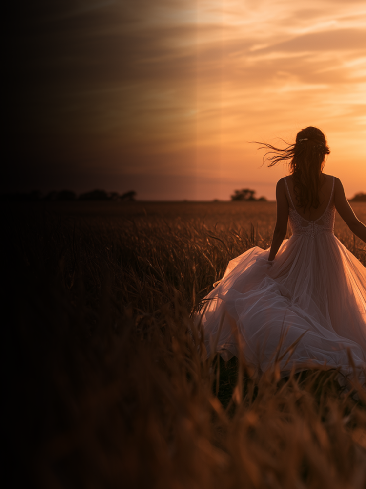 Couple silhouetted at sunset in a golden field